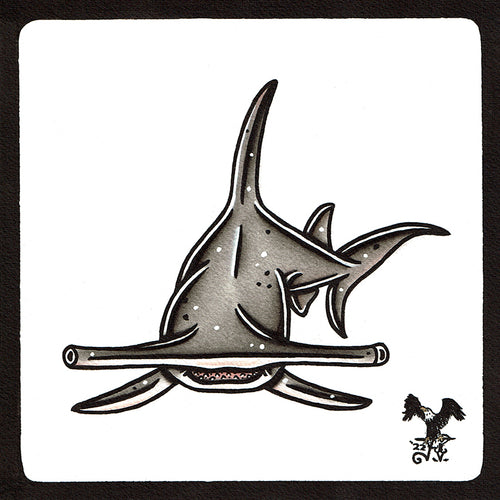American traditional tattoo flash wildlife illustration Great Hammerhead Shark ink and watercolor painting. 