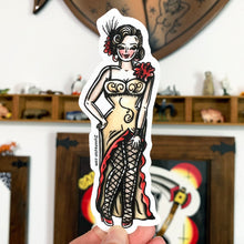 Load image into Gallery viewer, American traditional tattoo flash Saloon Girl Pinup watercolor sticker.
