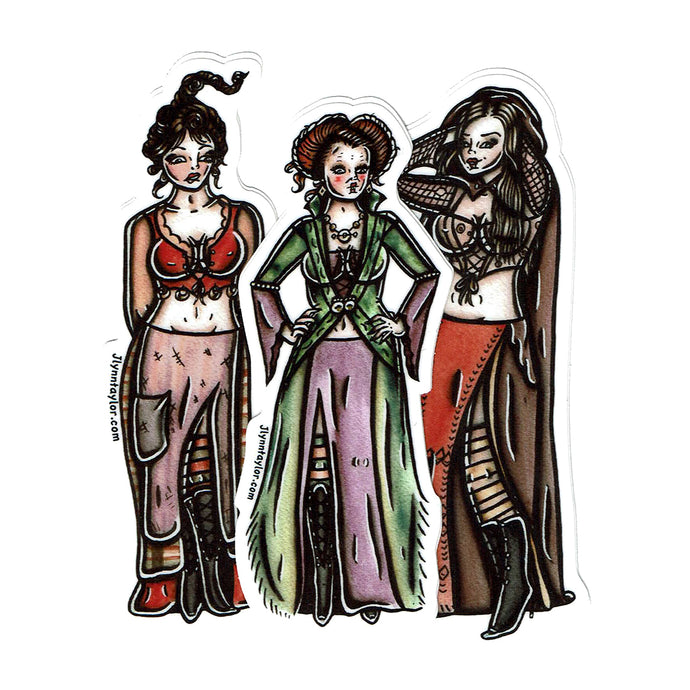 American traditional tattoo flash Sanderson Sisters Pinup watercolor Sticker Set.