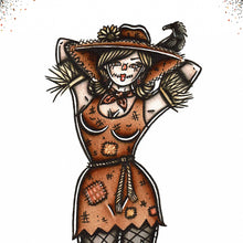 Load image into Gallery viewer, American traditional tattoo flash Scarecrow Pinup watercolor print.
