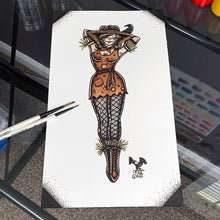 Load image into Gallery viewer, American Traditional tattoo flash Scarecrow Pinup watercolor painting.
