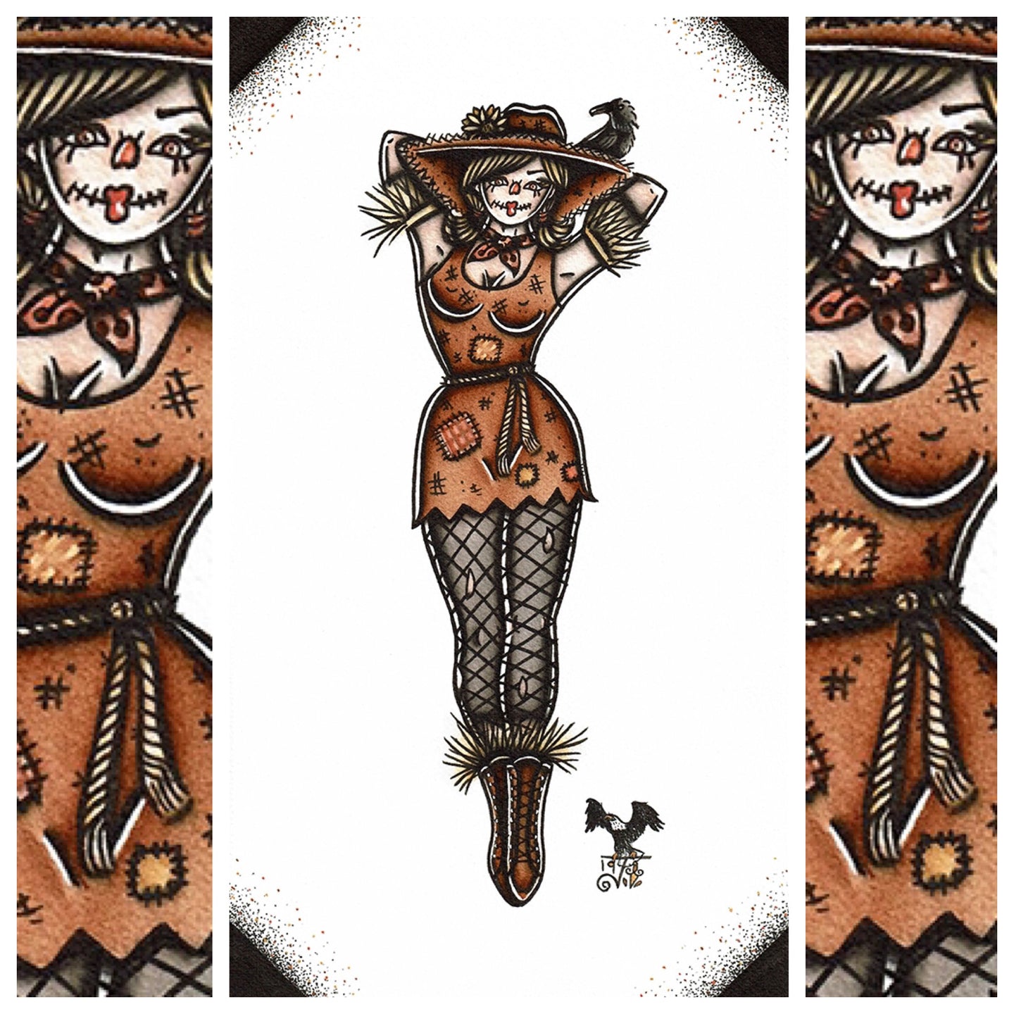American Traditional tattoo flash Scarecrow Pinup watercolor painting.