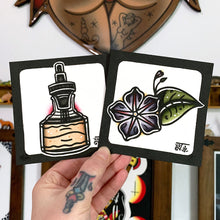 Load image into Gallery viewer, American Traditional tattoo flash Vintage Ink Bottle and Morning Glory watercolor painting.
