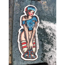 Load image into Gallery viewer, American traditional tattoo flash Panty Dropper Skateboard Pinup watercolor sticker.
