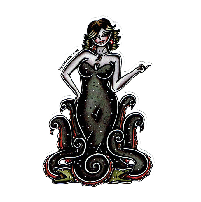 American traditional tattoo flash Ursula Sea Witch Pinup watercolor sticker.
