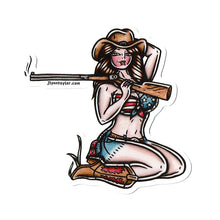 Load image into Gallery viewer, American traditional tattoo flash illustration Sharpshooter Country Rifle Pinup watercolor sticker.
