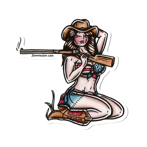 American traditional tattoo flash illustration Sharpshooter Country Rifle Pinup watercolor sticker.