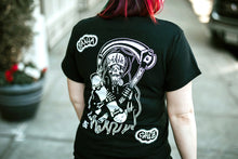 Load image into Gallery viewer, Female model wearing tattoo style skateboard reaper t-shirt.
