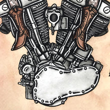 Load image into Gallery viewer, American Traditional tattoo flash sexy Harley-Davidson Shovelhead engine pinup spitshade painting.
