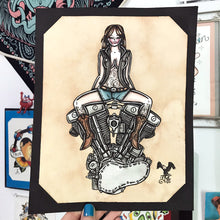 Load image into Gallery viewer, American Traditional tattoo flash sexy Harley-Davidson Shovelhead engine pinup spitshade painting.
