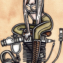 Load image into Gallery viewer, American traditional tattoo flash single cylinder motorcycle engine pinup print.
