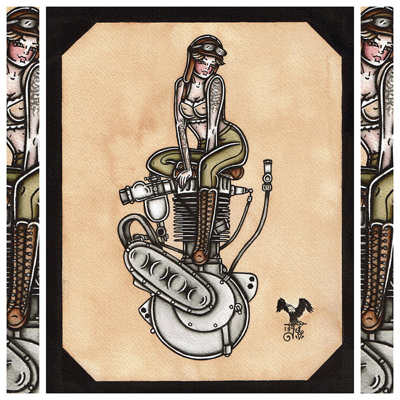 American Traditional tattoo flash sexy Harley Davidson single cylinder engine pinup spitshade painting.