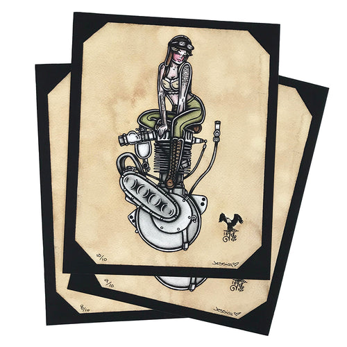 American traditional tattoo flash single cylinder motorcycle engine pinup print.