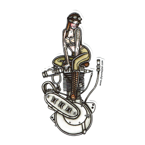 American traditional tattoo flash Harley Motorcycle Single Cylinder Engine Pinup watercolor sticker.