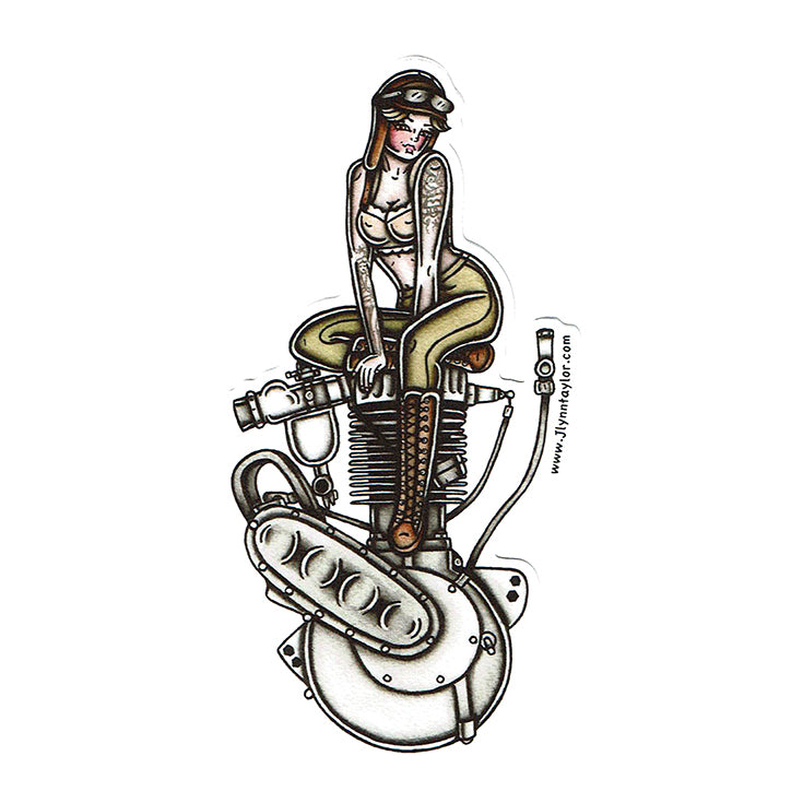 American traditional tattoo flash Harley Motorcycle Single Cylinder Engine Pinup watercolor sticker.