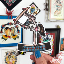 Load image into Gallery viewer, American Traditional tattoo flash skateboard pinup sticker.

