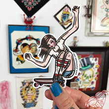 Load image into Gallery viewer, American Traditional tattoo flash skateboard pinup sticker.
