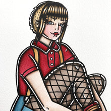 Load image into Gallery viewer, American Traditional tattoo flash sexy traditional skinhead skinbyrd pinup spitshade painting.
