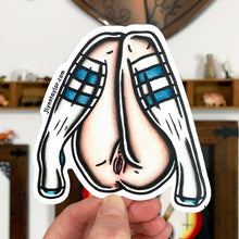 Load image into Gallery viewer, American Traditional tattoo flash naughty Sock Legs Pinup watercolor sticker.
