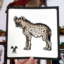 Load image into Gallery viewer, American traditional tattoo flash wildlife illustration Spotted Hyena ink and watercolor painting.
