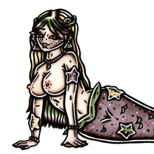 Load image into Gallery viewer, American traditional tattoo flash Starfish Mermaid Pinup watercolor painting.
