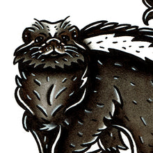 Load image into Gallery viewer, American traditional tattoo flash wildlife illustration Striped Skunk ink and watercolor painting.

