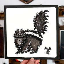 Load image into Gallery viewer, American traditional tattoo flash wildlife illustration Striped Skunk ink and watercolor painting.
