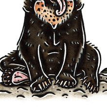 Load image into Gallery viewer, American traditional tattoo flash wildlife illustration Sun Bear ink and watercolor painting.
