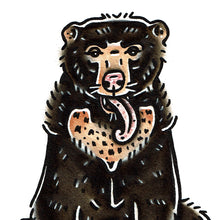 Load image into Gallery viewer, American traditional tattoo flash wildlife illustration Sun Bear ink and watercolor painting.
