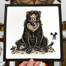 Load image into Gallery viewer, American traditional tattoo flash wildlife illustration Sun Bear ink and watercolor painting.
