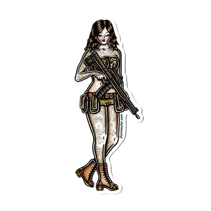 American traditional tattoo flash Tactical Rifle Pinup watercolor sticker.