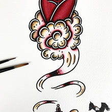 Load image into Gallery viewer, American traditional tattoo flash burlesque genie pinup print.

