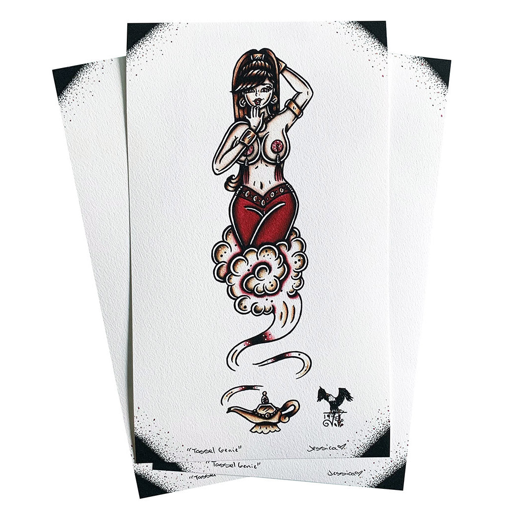 American traditional tattoo flash burlesque genie pinup print.
