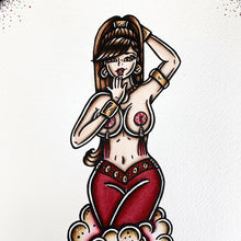 Load image into Gallery viewer, American traditional tattoo flash burlesque genie pinup print.
