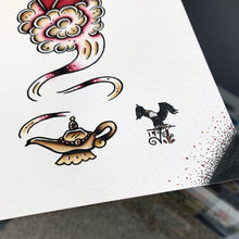 Load image into Gallery viewer, American Traditional tattoo flash Burlesque Genie Pinup watercolor painting.
