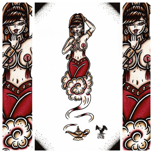 American Traditional tattoo flash Burlesque Genie Pinup watercolor painting.