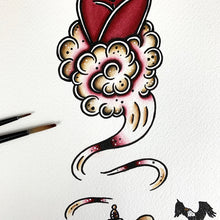 Load image into Gallery viewer, American Traditional tattoo flash Burlesque Genie Pinup watercolor painting.
