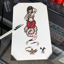 Load image into Gallery viewer, American Traditional tattoo flash Burlesque Genie Pinup watercolor painting.
