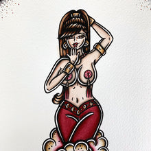 Load image into Gallery viewer, American Traditional tattoo flash Burlesque Genie Pinup watercolor painting.
