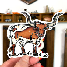 Load image into Gallery viewer, American traditional tattoo flash Texas Longhorn watercolor sticker.
