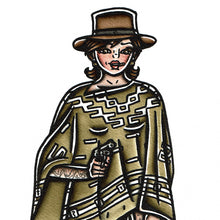 Load image into Gallery viewer, American traditional tattoo flash vaquero the woman with no name pinup watercolor painting.

