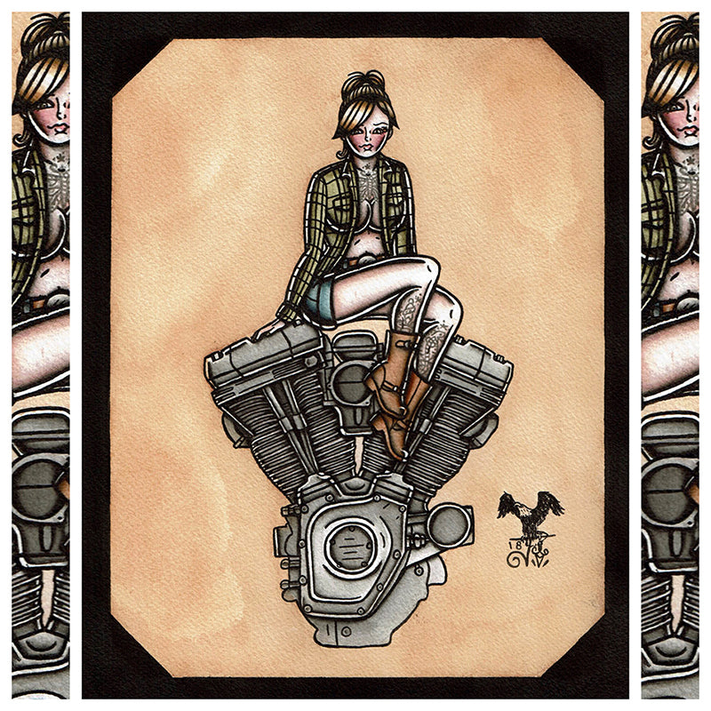 American Traditional tattoo flash sexy Harley-Davidson Twin Cam engine pinup spitshade painting.