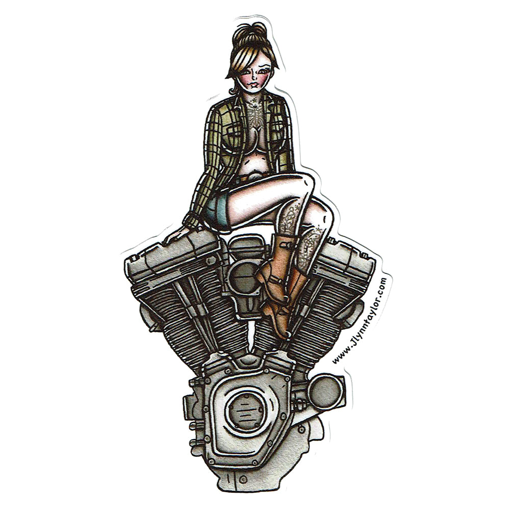American Traditional tattoo flash illustration Twin Cam Engine Pinup watercolor sticker.