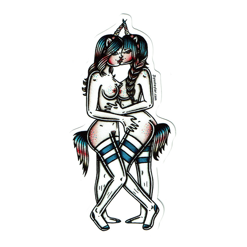 American traditional tattoo flash illustration lesbian naughty unicorn cosplay Pinup watercolor sticker.