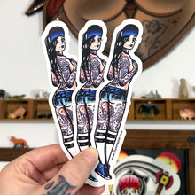 Load image into Gallery viewer, American Traditional tattoo flash West Coast Skateboard Pinup watercolor sticker.
