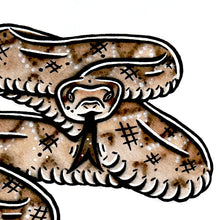 Load image into Gallery viewer, American traditional tattoo flash wildlife illustration Western Diamondback Rattlesnake ink and watercolor painting.
