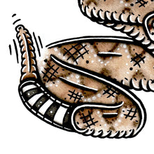 Load image into Gallery viewer, American traditional tattoo flash wildlife illustration Western Diamondback Rattlesnake ink and watercolor painting.
