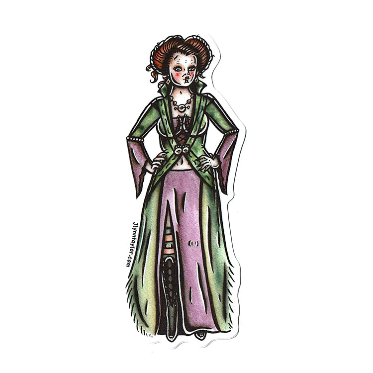 American Traditional tattoo flash Winifred Sanderson witch pinup watercolor sticker. 