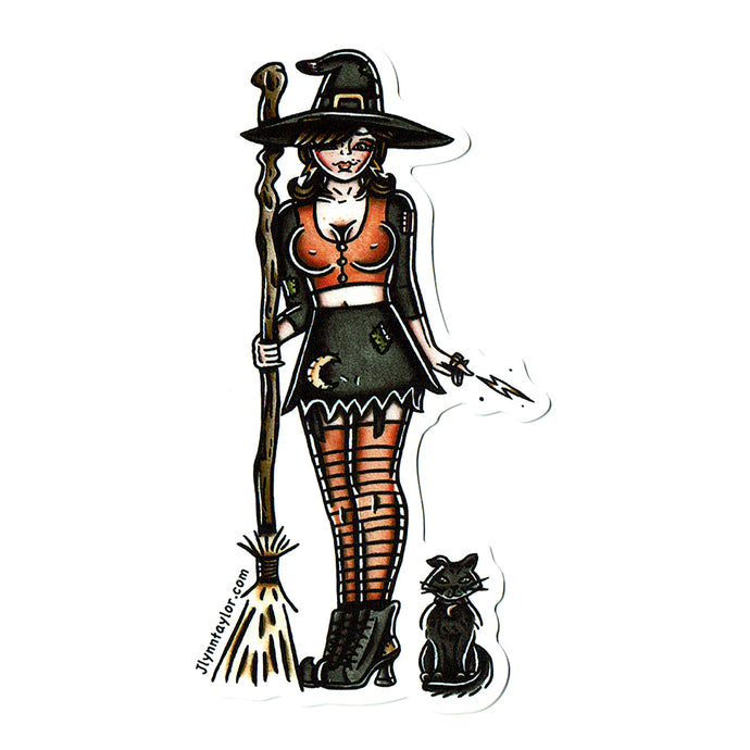 American traditional tattoo flash Witch and Cat Pinup watercolor sticker.