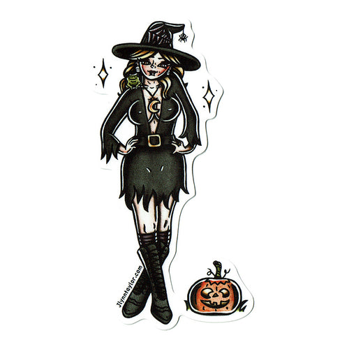American traditional tattoo flash Witch and Pumpkin Pinup watercolor sticker.